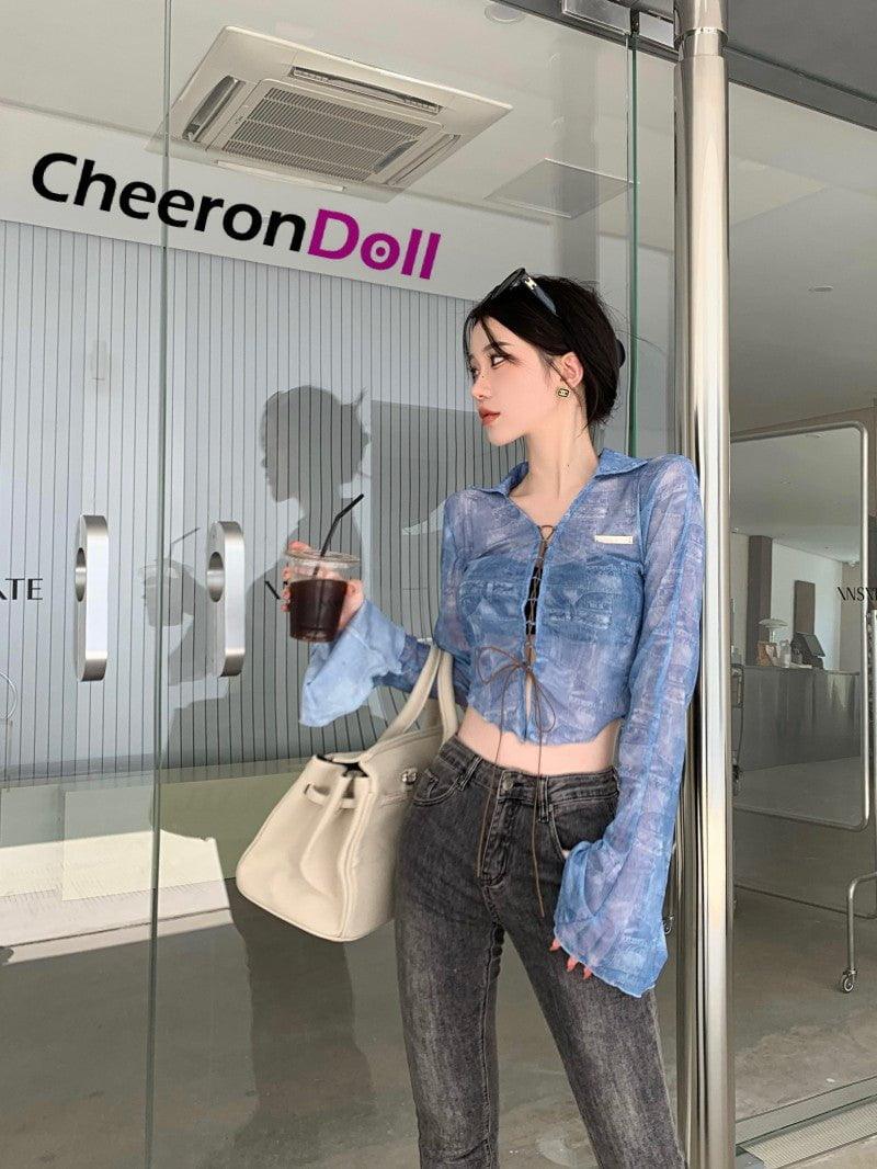 CHEERONDOLL SUNSCREEN MESH SHIRT WOMEN'S AUTUMN THIN SECTION LONG-SLEEVED STRAPPY SHIRT JACKET IRREGULAR HOT GIRL HIGH WAIST SHORT SECTION - Cheeron Doll