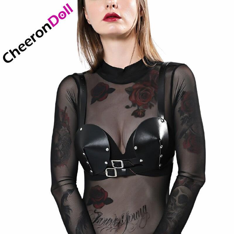 CHEERONDOLL EROTIC FASHION WOMEN’S BDSM BODY BRA / SEXY GOTHIC PU LEATHER BRA GARTER BELT - Cheeron Doll