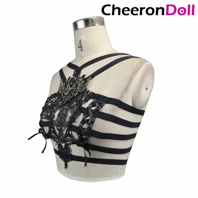 CHEERONDOLL SEXY BLACK CHEST HARNESS WITH LACE FOR WOMEN / ELEGANT VINTAGE BODY HARNESS IN GOTHIC STYLE - Cheeron Doll